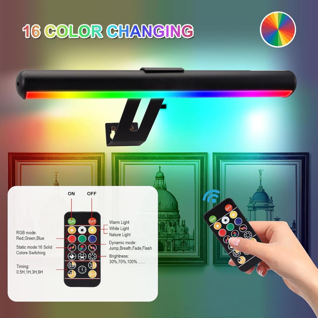 Picture Light 1 Pack, Battery Operated Picture Light with Remote, Rechargeable Picture Frame Light, 32 LED, 16 Color Changing, Art Light for