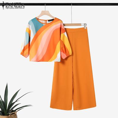 Women Print Blouse and Pants Casual Two Piece Suit Sets
