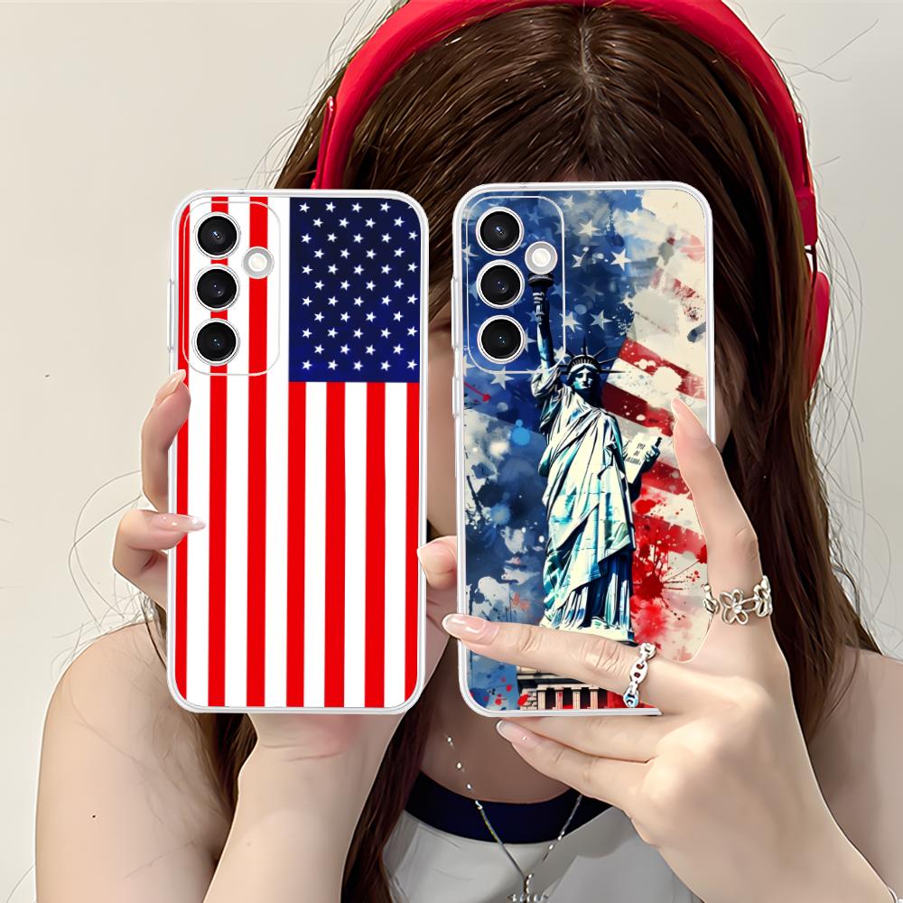 USA America Flag Clear Mobile Phone Case for Samsung Galaxy S25 S24 S23 S22 S21Plus FE Ultra Colorful Cover