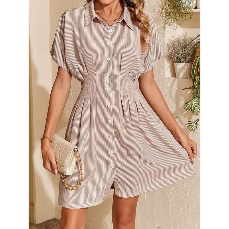 European and American New Women's Clothing Summer Retro Temperament Thin Striped Lapel Short Sleeve Waist Shirt Dress