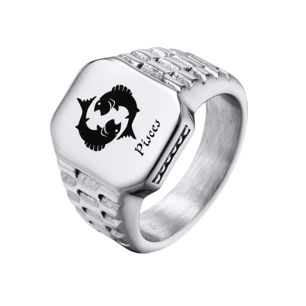 Free Custom 12 Zodiac Signet Rings for Men,Personalized Stainless Steel Finger Birthday Gift To Dad Father Husband Son