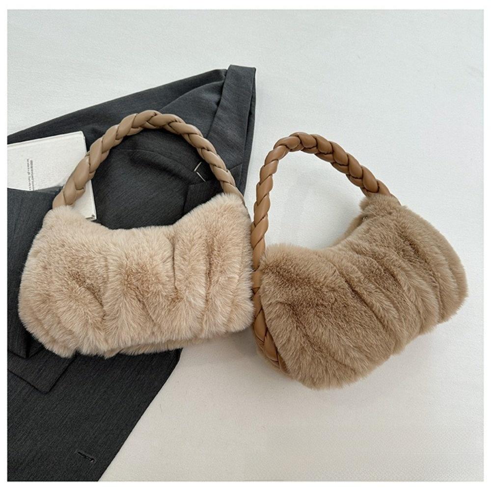 Luxury Furry Shoulder Bag Solid Color Soft Handbag Zipper Fluffy Clutch Bag