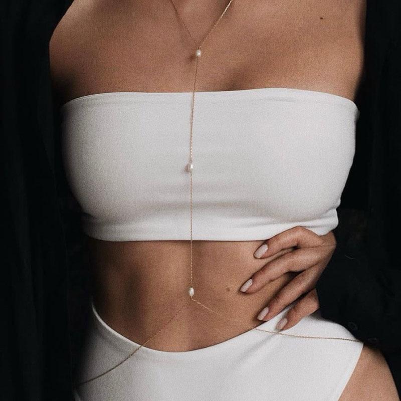 Simple Pearl Cross Chest Bra Belly Body Chain For Women Sexy Boho Bikini Beach Waist Chain Body Jewelry Wedding Accessories Y027