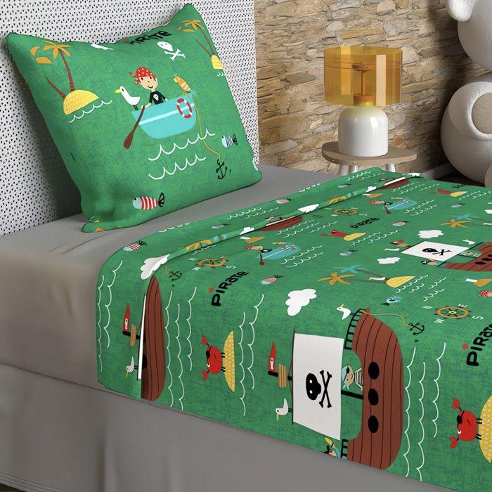 Parure de draps 180x290 cm PIRATES vert, 100% coton 57 fils/cm2, par Soleil d'Ocre