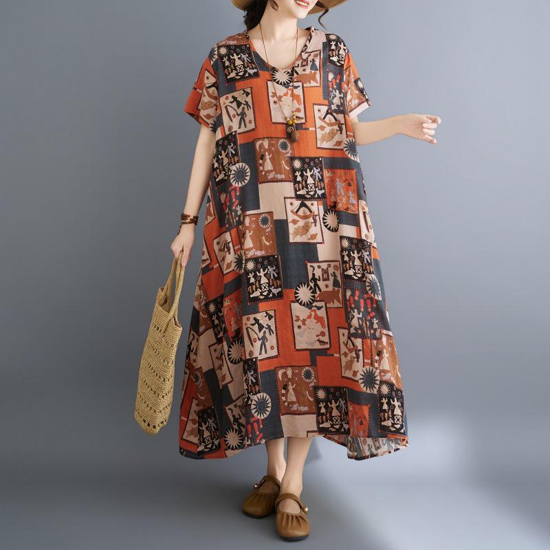 

Summer Resort Tribal V-Neck Retro Cover-Up Long Dress in Cotton & Linen Plus Size, One Size