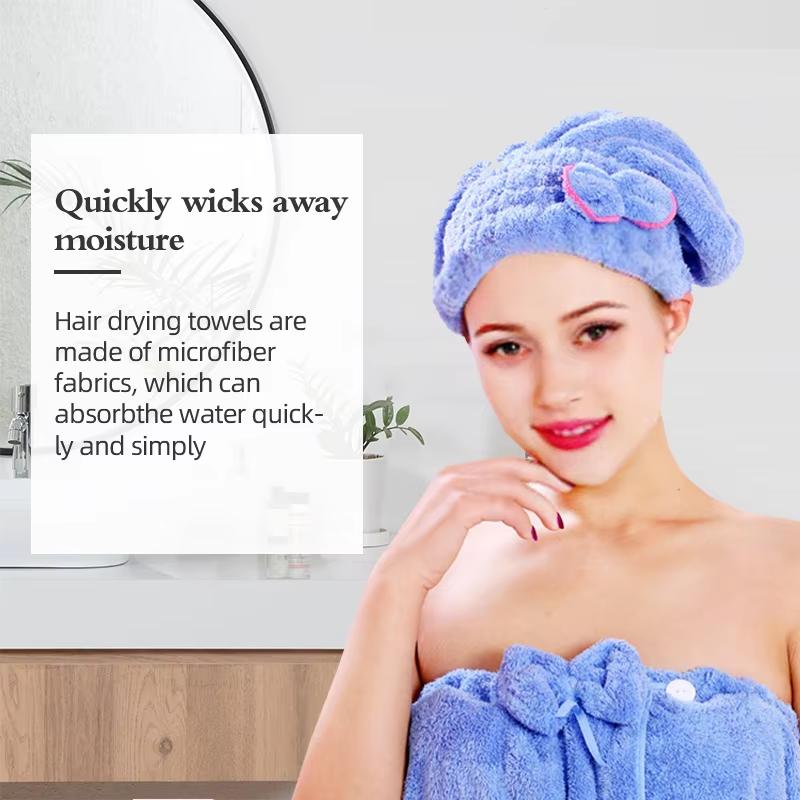 3Pcs Coral Fleece Hair Drying Caps - Absorbent Quick-Dry Spa Caps with Cute Bow Design, Soft Comfortable Hair Wrap for Daily Use