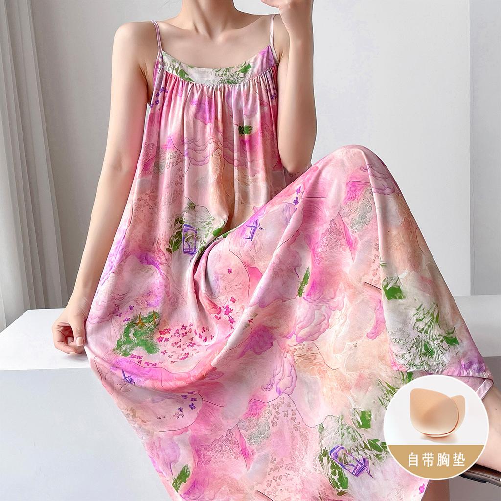 Summer cotton and silk suspender nightgown women's sleeveless chest pad can be worn outside loungewear anti-bumping artificial cotton dress