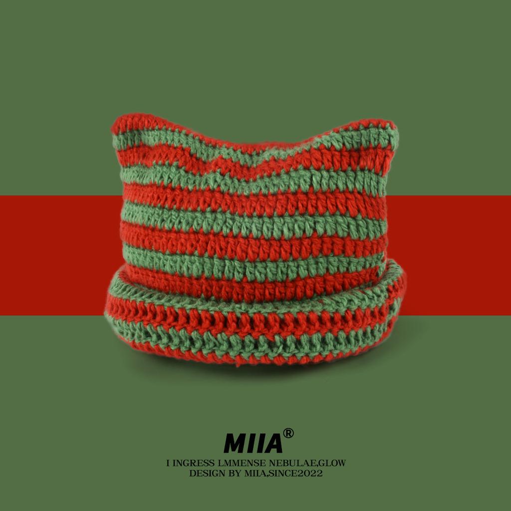 Nowa japońska czapka beanie Ins Mały Diabeł Pasiasta Dzianinowa Wełniana Czapka Jesień Zima Ciepła Urocza Uszy Kota Szpiczasta Pulower Damskie Czapki