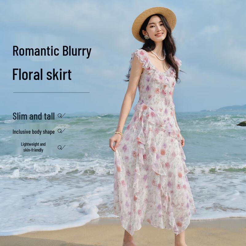 Women s V-Neck Ruffle Print A-Line Dress S