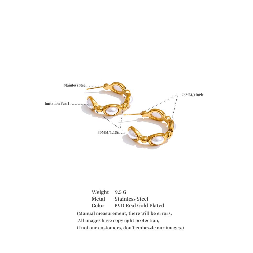Yhpup Simulated Pearls C-Shape Hoop Earrings for All Occasions Stainless Steel Vintage Fashion Korean Daily Basic Jewelry Gift