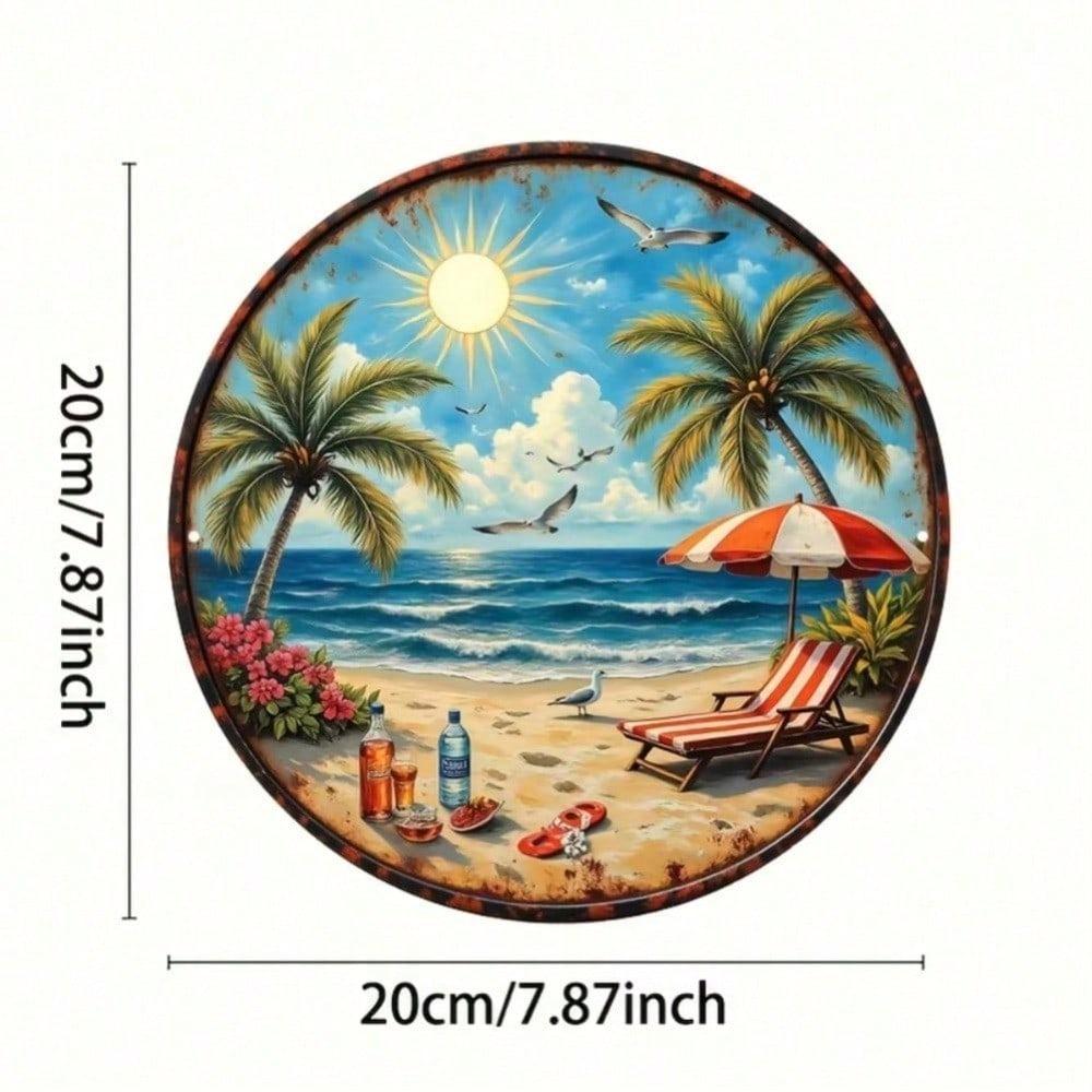 1pc Vintage Tropical Beach Round Aluminum Sign Palm Trees Sunset Ocean Wall Art For Bar Home Kitchen Bathroom