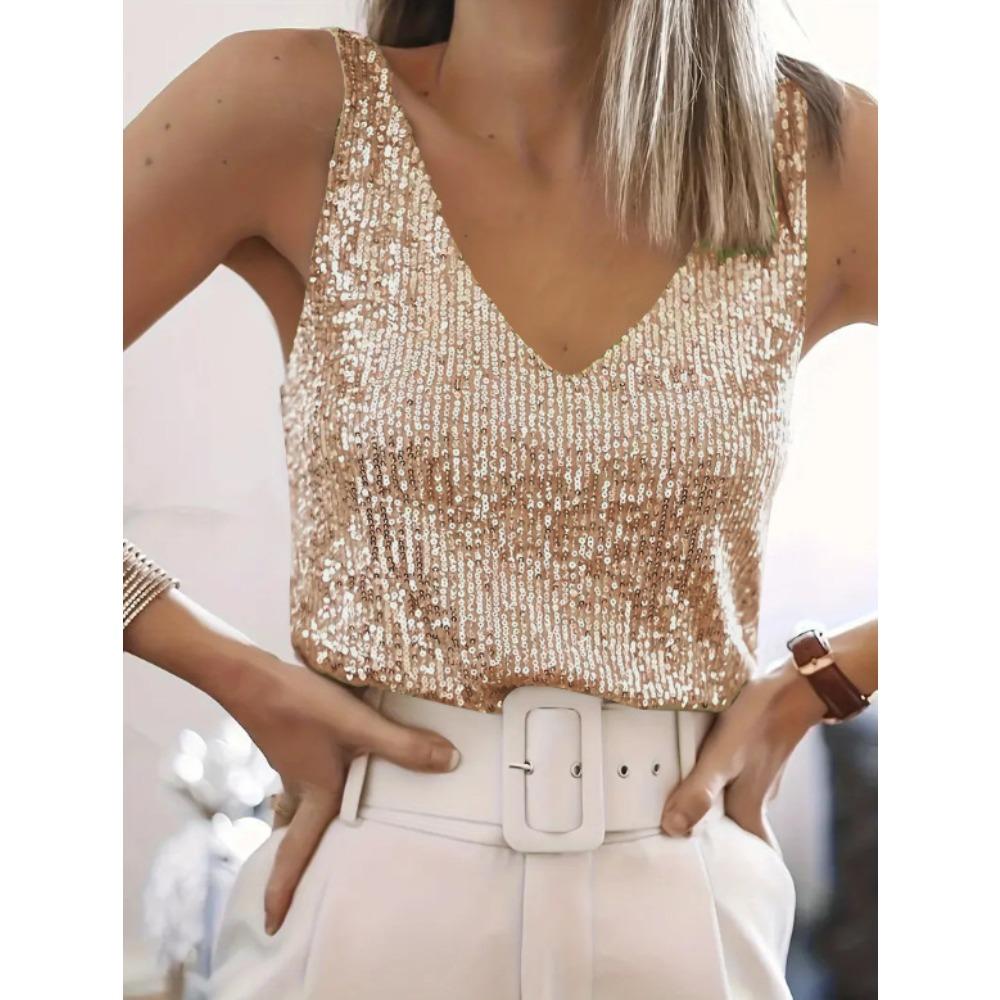 Women's V Neck Sleeveless Sequin Tank Top Straight Fit Elegant Party Cami Top