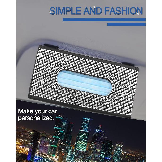 Bling Car Sun Visor Tissue Box Holder,PU Leather With Bling Crystal Rhinestones Tissue Holder,Car Accessories For Women (Black)