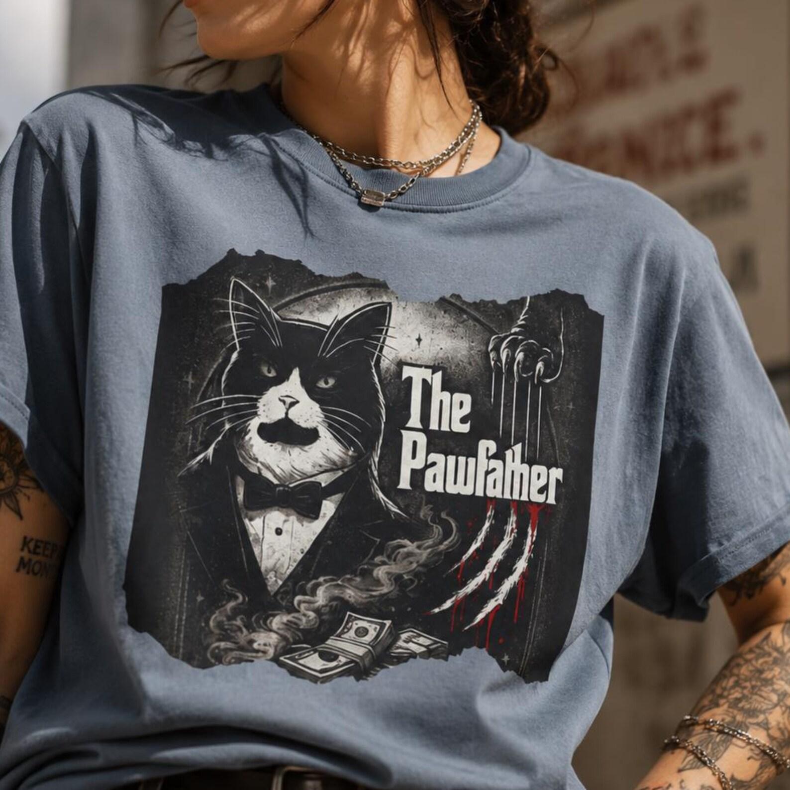 The Pawfather T-Shirt | Funny Mafia Cat Parody Tee, Tuxedo Cat Gift S