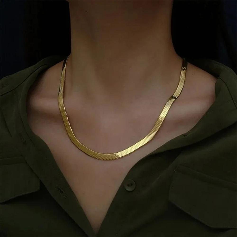 Copper 18K Gold Plated 4mm Flat Chain Necklace for Women, Luxury Jewelry, Wedding Gift, Clavicle Necklace