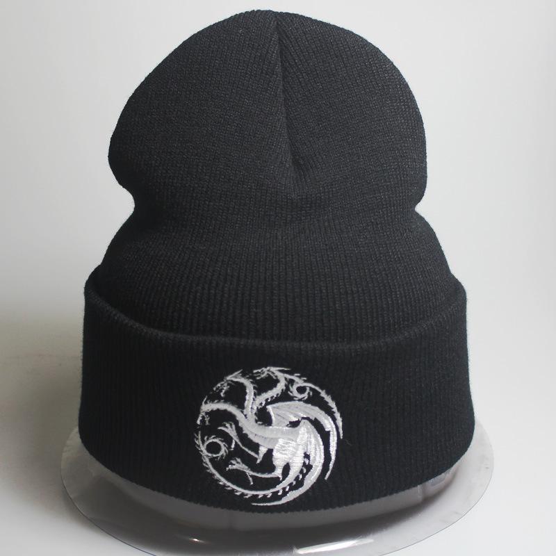 

Popular European and American warm woolen hats for men and women dragon Dragon Embroidery Game of Thrones Knit Beanie Adjustable