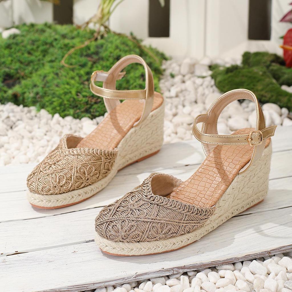 2026 Women's Hand-Woven Closed-Toe Wedge Sandals – Breathable, Comfortable High Heels