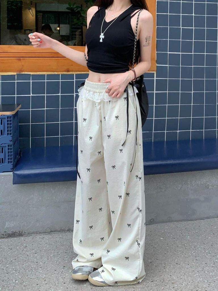 Sweet & Spicy Lace Patchwork Women's Wide-Leg Bow Pants - Summer Casual Elastic Waist Pants