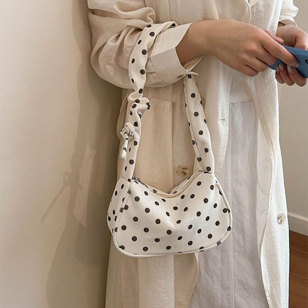 Ruched Strap Polka Dot Shoulder Bag Cloth Canvas Underarm Bag Charming Small Hobo Bag  Shopping
