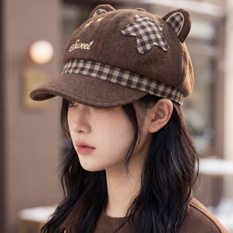 Korean Style Cat Ear Beret Hat Women With Embroidered Letters Wool Blend Octagonal Cap Adjustable Foldable Beanie