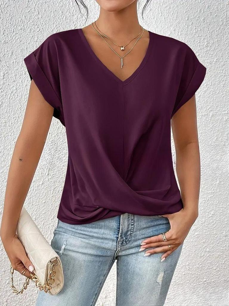 Damenmode Lässig Sommer Frühling Einfarbige Druck Kurzarm V-Ausschnitt Blusen Hemden