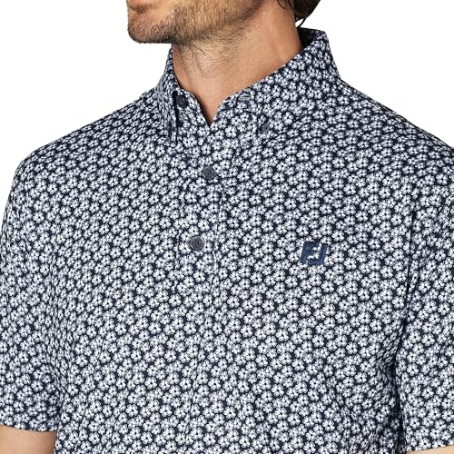 FootJoy Men's Floral Print Short Sleeve Button-Down Golf Shirt, Navy, Size M (FJ-S25-S14, 34559-M)