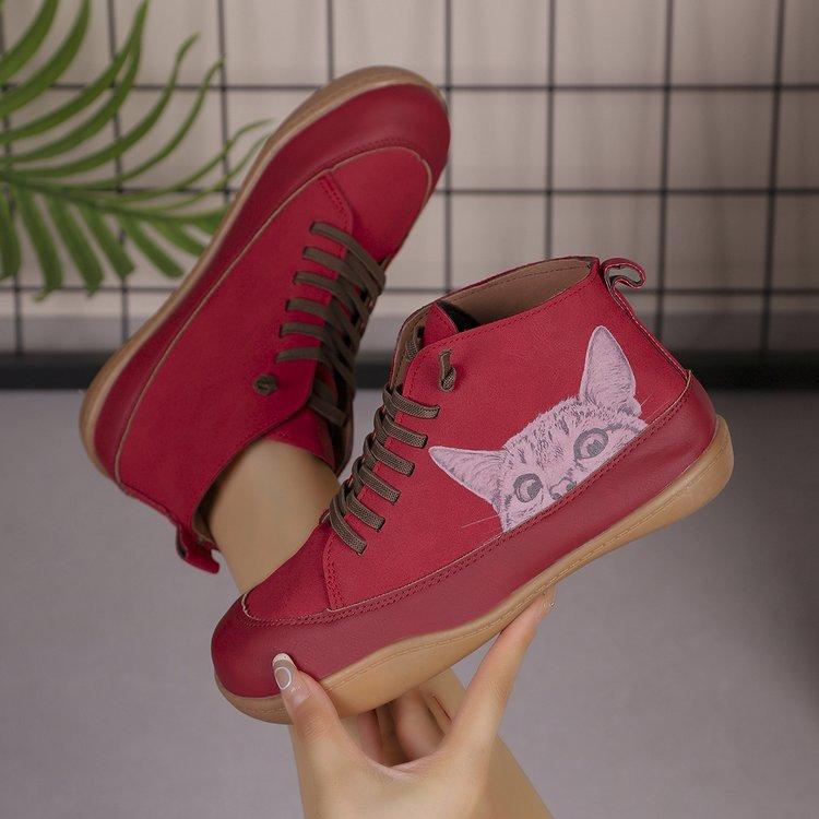 Botas Femininas Plus Size Estampa de Gato Cano Curto Salto Baixo Cadarço Moda Confortáveis Todas as Estações Primavera Outono