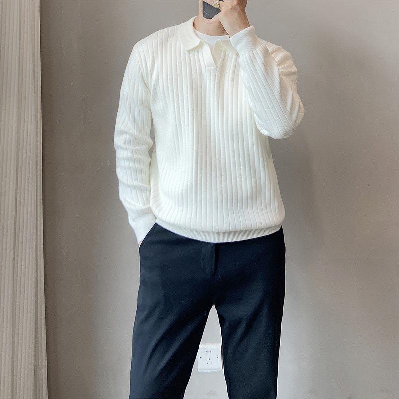 Sweater Raffiné pour Homme en Maille Blanche à Revers - Manches Longues Automne/Hiver Couche de Base Style Tendance