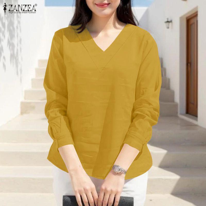 ZANZEA Women Casual V-Neck Solid Color Loose Long Sleeve Blouse
