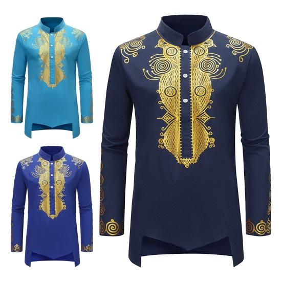 Camisa masculina primavera outono estilo étnico gola alta botões decote manga comprida pulôver tops estampa frente costas baixas camisa alta