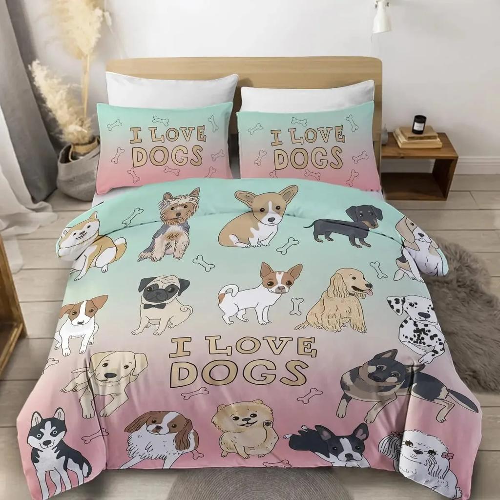 Cute Dogs Print Bedding Set Puppy Animal Duvet Cover Set Watercolor Pastel Dog Paw Comforter Cover Pug Dog Lover Bed Set