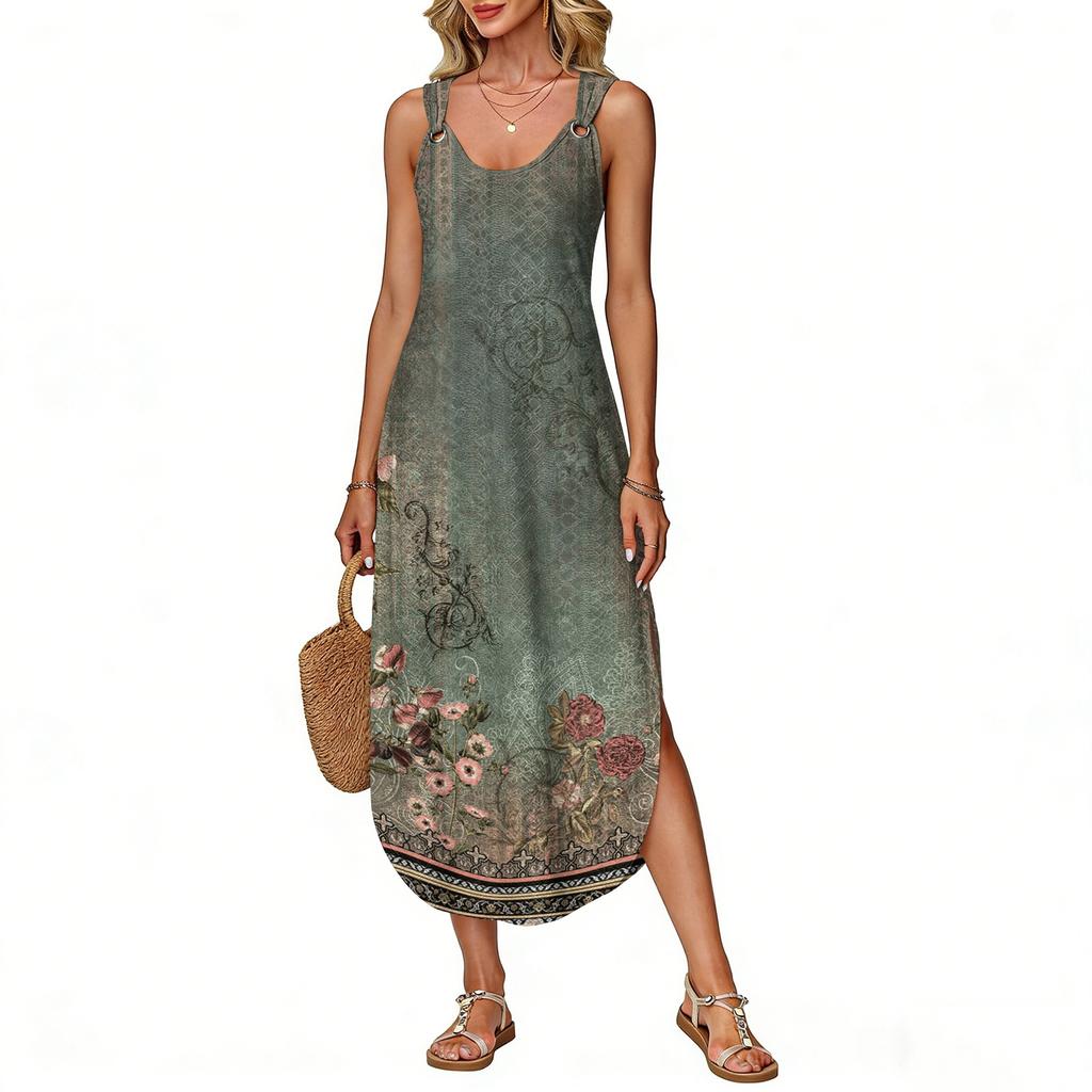 Women's summer long dress, sleeveless with side slits, long retro printed camisole dress