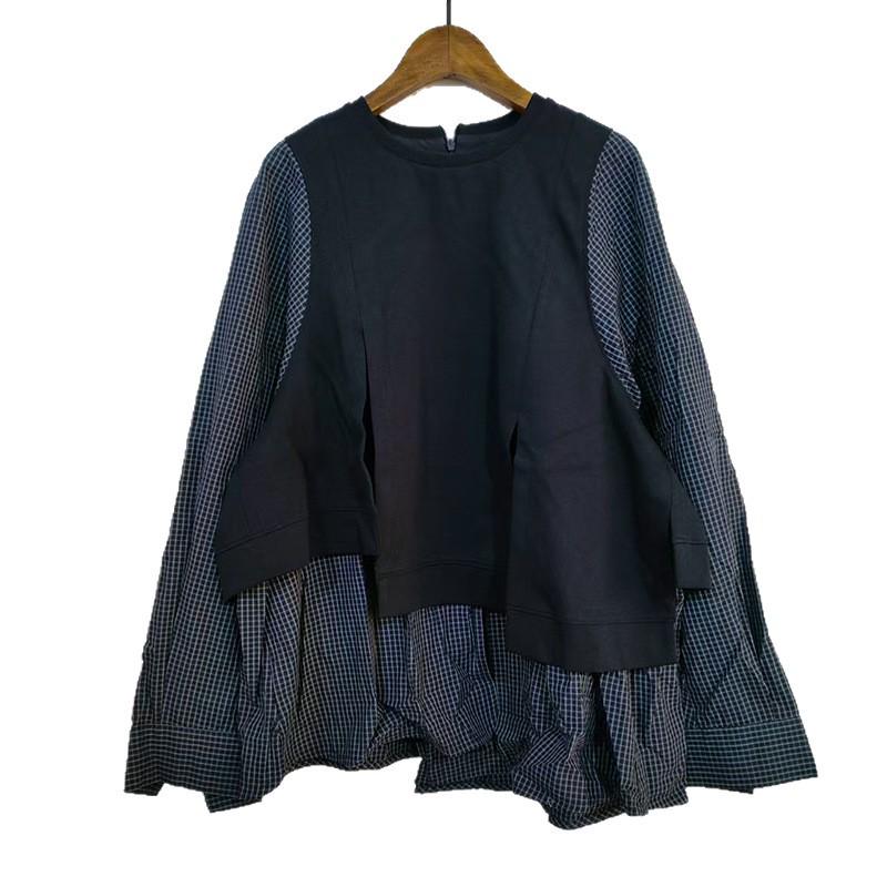 

Plaid Contrast Round Neck Two-Piece Effect Shirt for Women - Spring/Autumn Loose Fit M