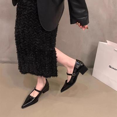 Talons hauts femmes talon épais talon moyen pointu chaussures simples nouveau printemps boucle un mot Mary Jane petites chaussures en cuir chaussures de soirée