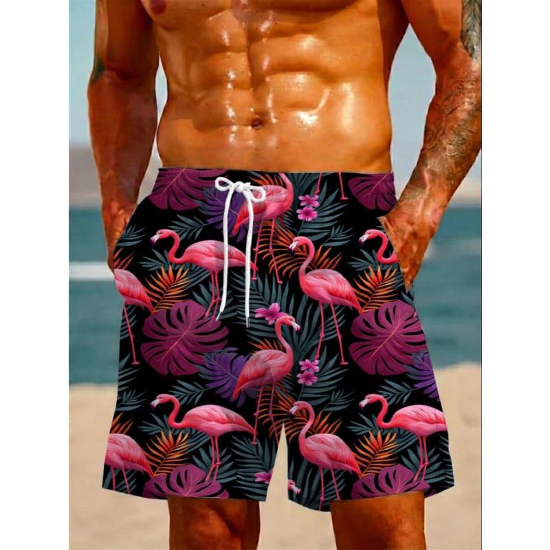 Men s Stylish Printed Swim Shorts with Bold Pink Flamingo and Leaf Design, Breathable Mesh Lining S