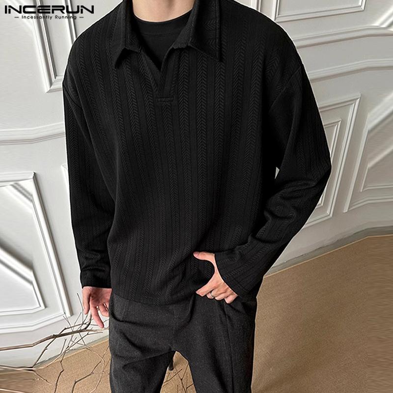 INCERUN Autumn Men Lapel Neck Long Sleeve Texture Pullover Tops