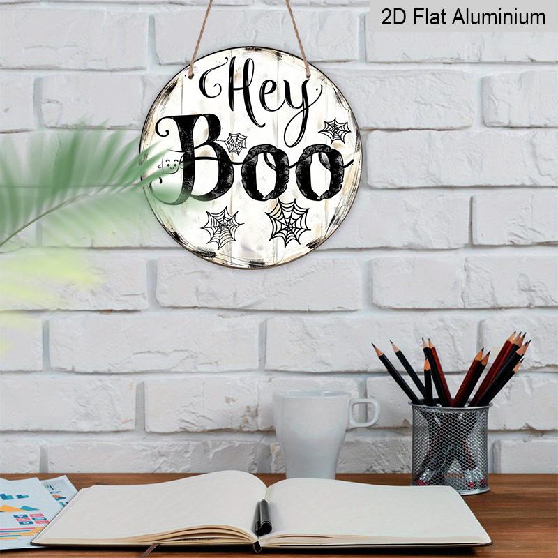 2D Flat, 1pc "Hey Boo" Halloween Ghost Round Aluminum Sign for Fall And Winter Celebrations, Suitable for Indoor And Outdoor Use, Wall Decoration for