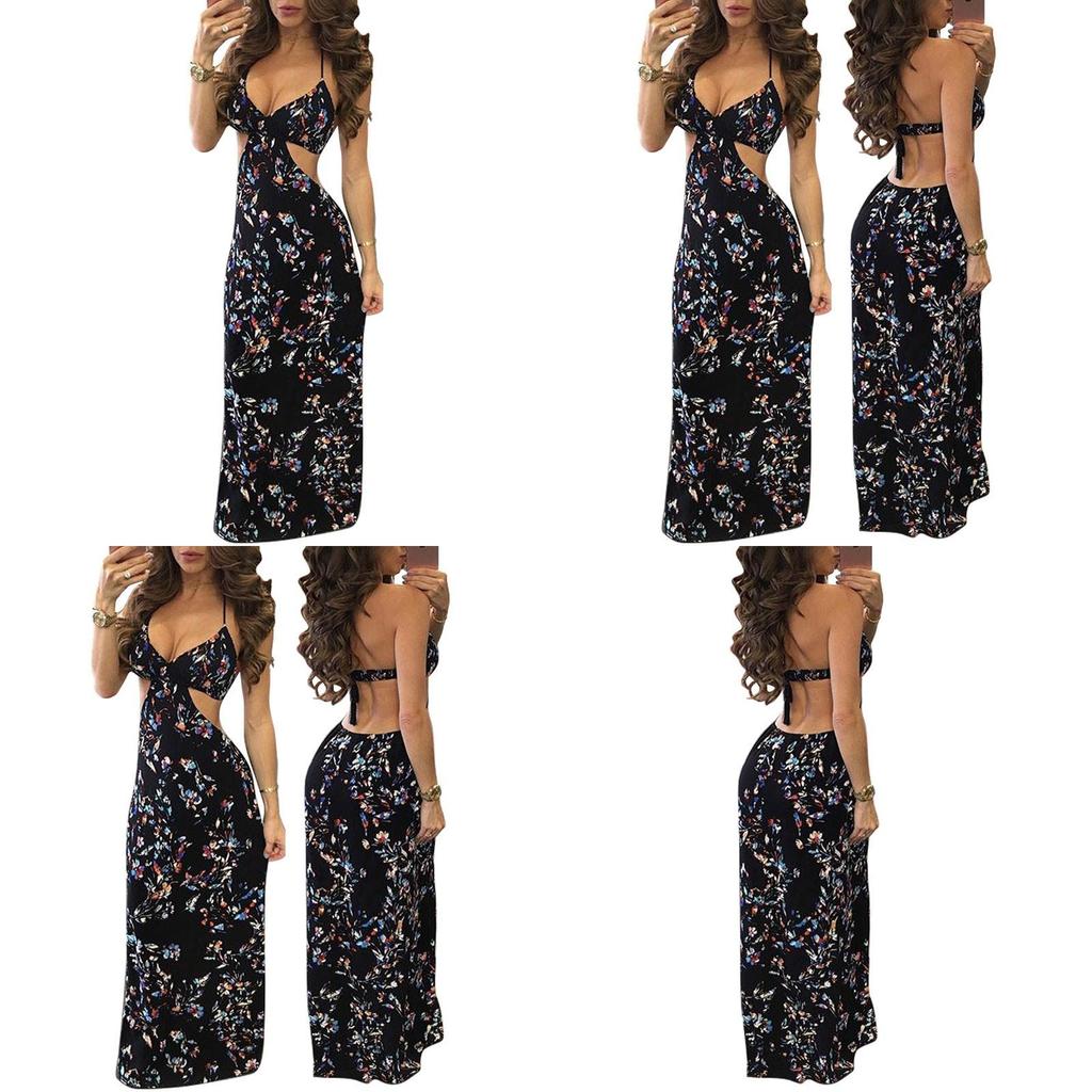 Maxi Abito Floreale Nero Sexy da Donna con Design Cut-Out Perfetto per Vacanze Boho al Mare