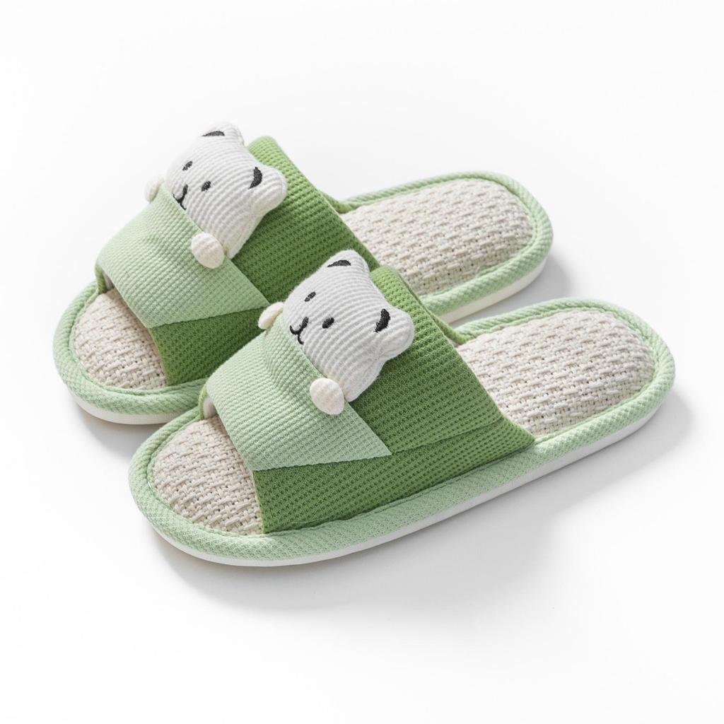 Women's Cartoon Bear Open-Toe Linen Slippers - Cozy Indoor Footwear for All Seasons