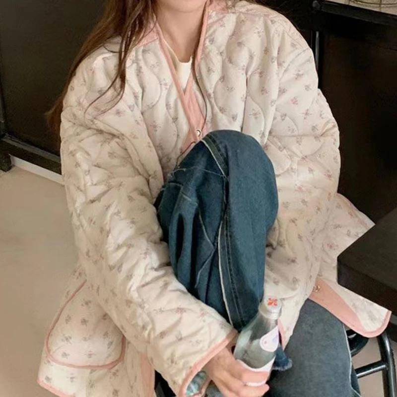Retro Floral Small Fresh Color Matching Plaid Cotton-padded Jacket Women's Autumn Winter Plus Coats on Both Sides.