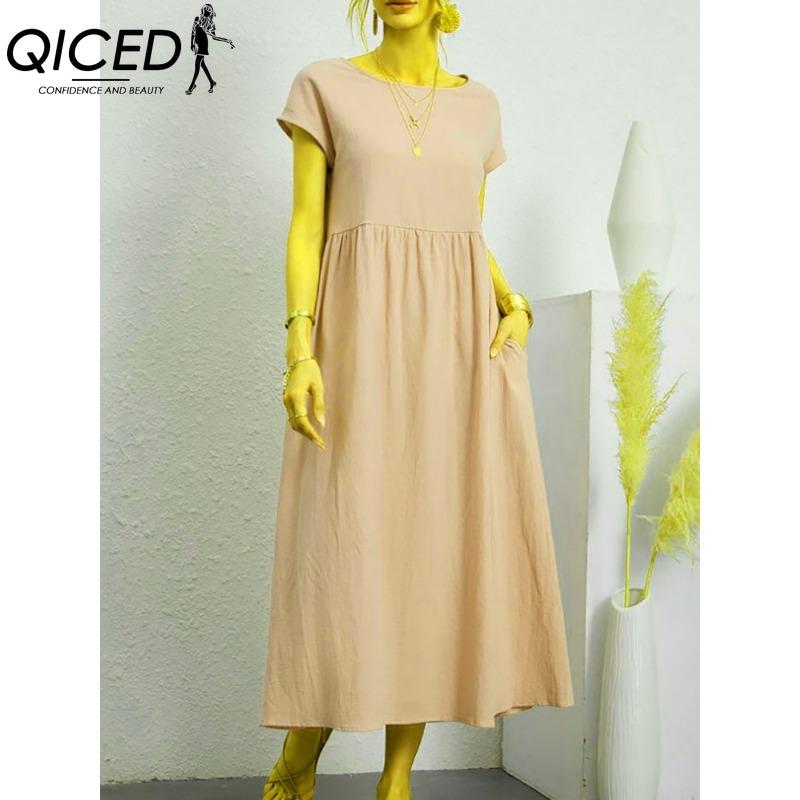 QICED Women's Fashion Summer Spring Solid Color Print Short Sleeve O-Neck Casual Dresses