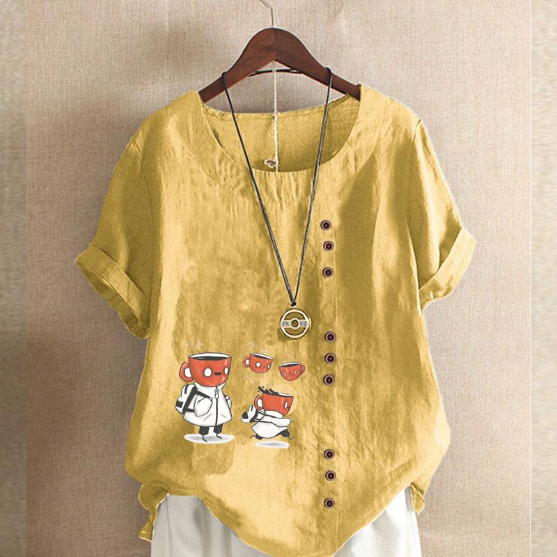 Women's New Fashion Linen Shirt Round Neck Short Sleeve Cupbearer Printed T-shirt Summer Ladies Casual Plus Size Blouse Tops