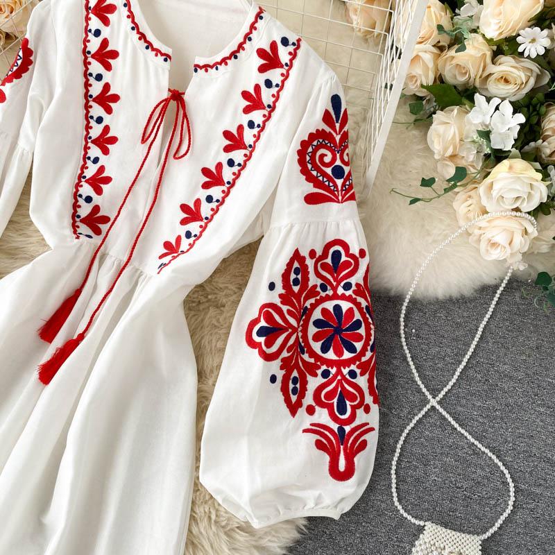 Fashion Retro Floral Print Midi Dress Women Elegant National Style Loose Vintage Party One Piece Dress Female Design