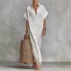 Summer Cotton Linen Dress for Women Short Sleeve Button Up Long Dress Casual Loose Beach Tunic Sundress