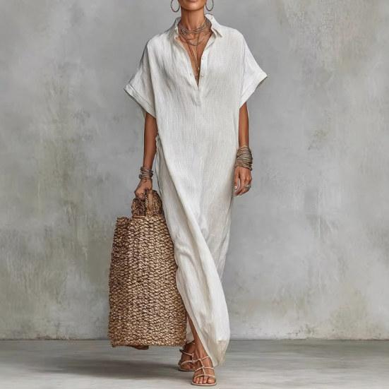 Summer Cotton Linen Dress for Women Short Sleeve Button Up Long Dress Casual Loose Beach Tunic Sundress