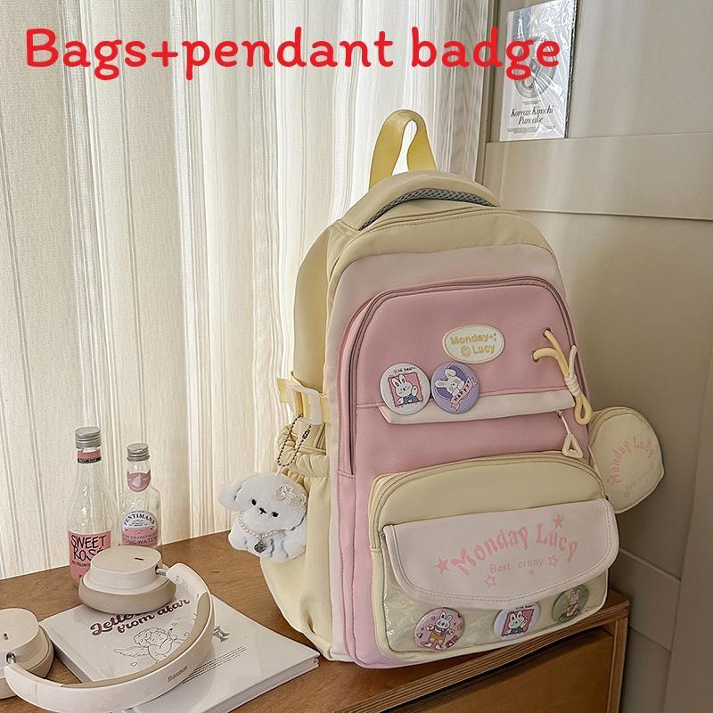Color Simple Blocked Letter Pattern Student Backpack With Badge Pendant And