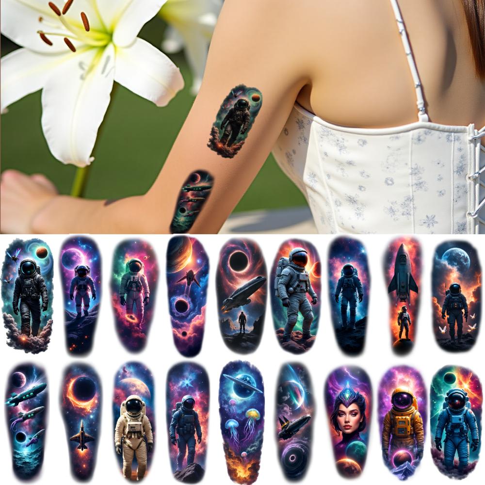 9pcs Temporary Tattoo Spaceship Colorful Realism Black Hole Planet Waterproof Long-lasting Body Stickers Alien For Men Arms