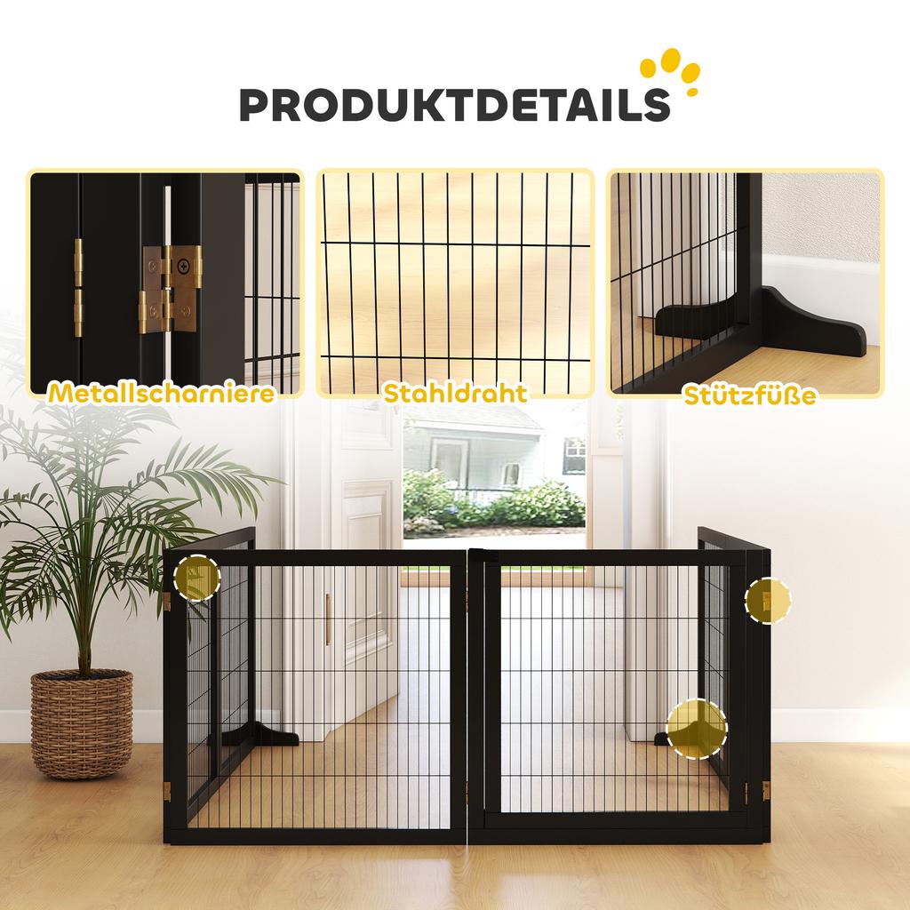 Wooden Pet Gate, Freestanding Dog Security Barrier with Two Support Feet - Black