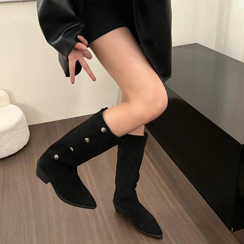 Vintage Women Western Cowgirl Boots Fashion Pointed Toe Slip On Shoes Autumn Winter Ladies Knight Long Booties