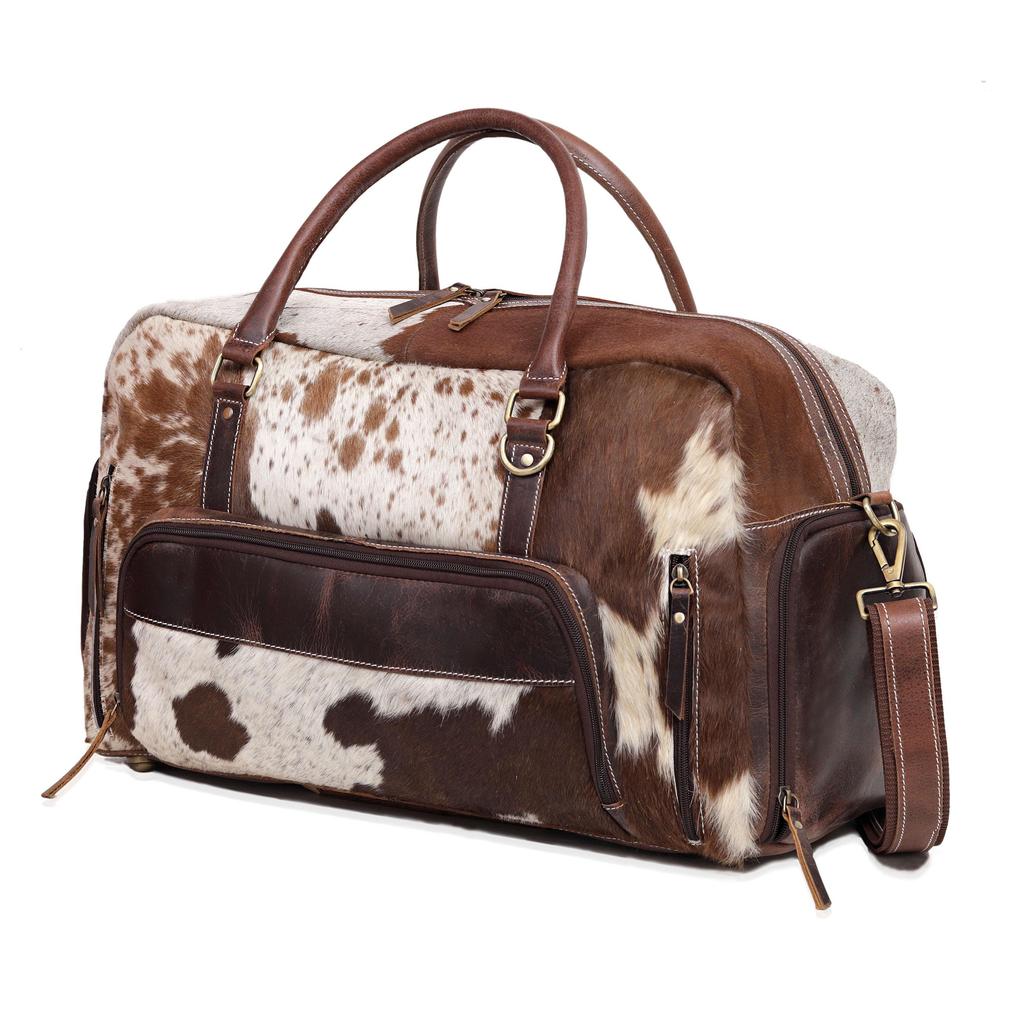 Handmade Cowhide & Hair-On Leather Duffle Bag: 22" Weekender Holdall